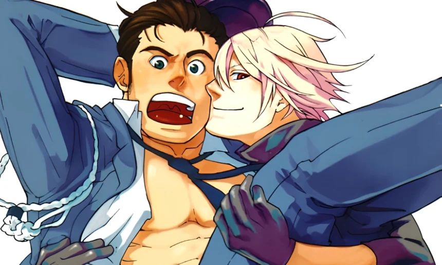 Anime artwork comparing bara and yaoi character designs featuring a muscular man and a slender bishounen character