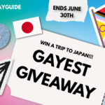 Tokyo travel giveaway graphic by Japan Gay Guide promoting a chance to win a trip to Japan with hotel and tour included. Features a Progress Pride flag, a June 30th deadline, and instructions to enter by subscribing, liking, commenting, and tagging friends.