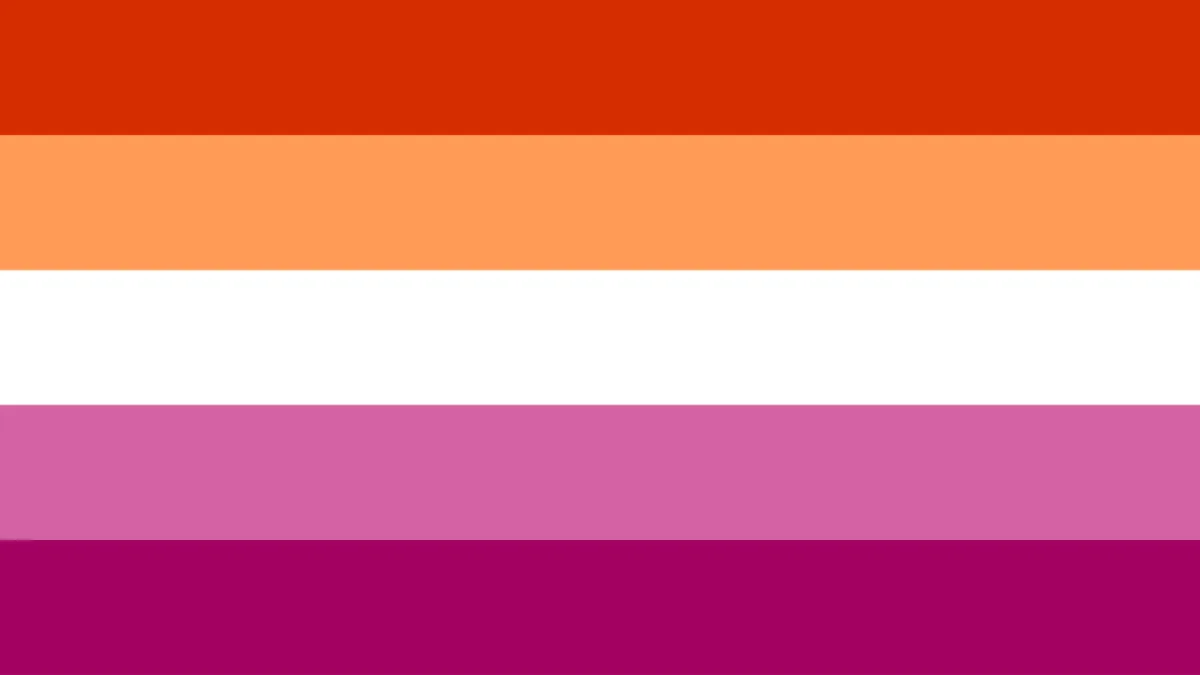 All Lesbian Flags: Variations & Stripe Color Meanings (2026) 13 The 5-stripe lesbian pride flag featuring horizontal shades of orange, white, and pink.