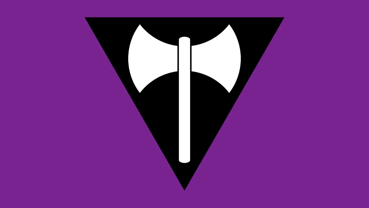 All Lesbian Flags: Variations & Stripe Color Meanings (2026) 19 The traditional Labrys Lesbian pride flag featuring a white double-headed axe inside an inverted black triangle on a solid purple background.