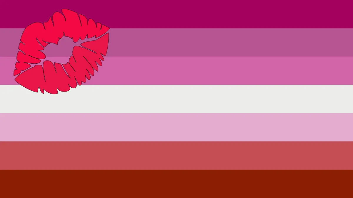 All Lesbian Flags: Variations & Stripe Color Meanings (2026) 14 The Lipstick Lesbian pride flag featuring pink, white, and red horizontal stripes with a pink kiss mark in the top left corner.