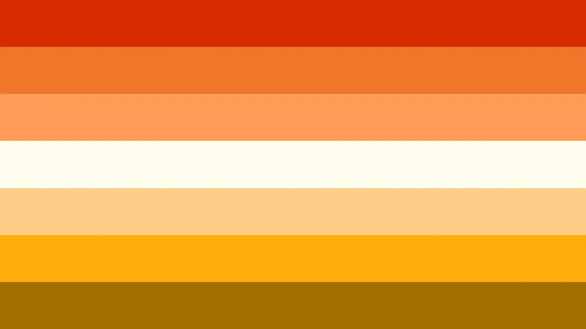 All Lesbian Flags: Variations & Stripe Color Meanings (2026) 15 The 7-stripe Orange Butch Lesbian pride flag featuring horizontal stripes of orange, white, yellow, and brown.