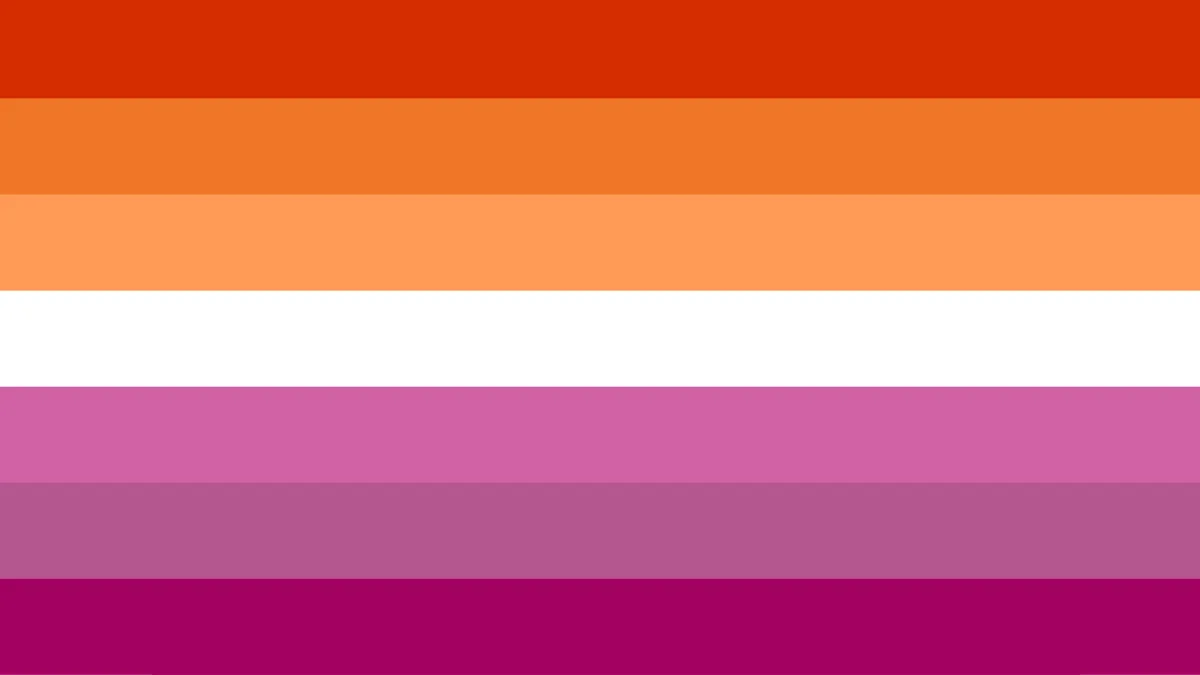 All Lesbian Flags: Variations & Stripe Color Meanings (2026) 12 The 7-stripe lesbian pride flag featuring orange, white, and pink horizontal stripes.