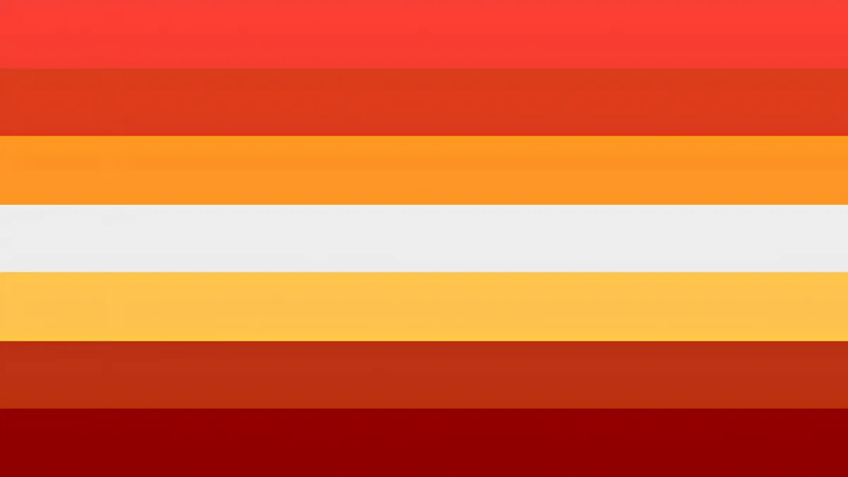 All Lesbian Flags: Variations & Stripe Color Meanings (2026) 18 The 7-stripe "Sun Lesbian" pride flag variation featuring horizontal stripes of red, orange, white, yellow, and deep red.