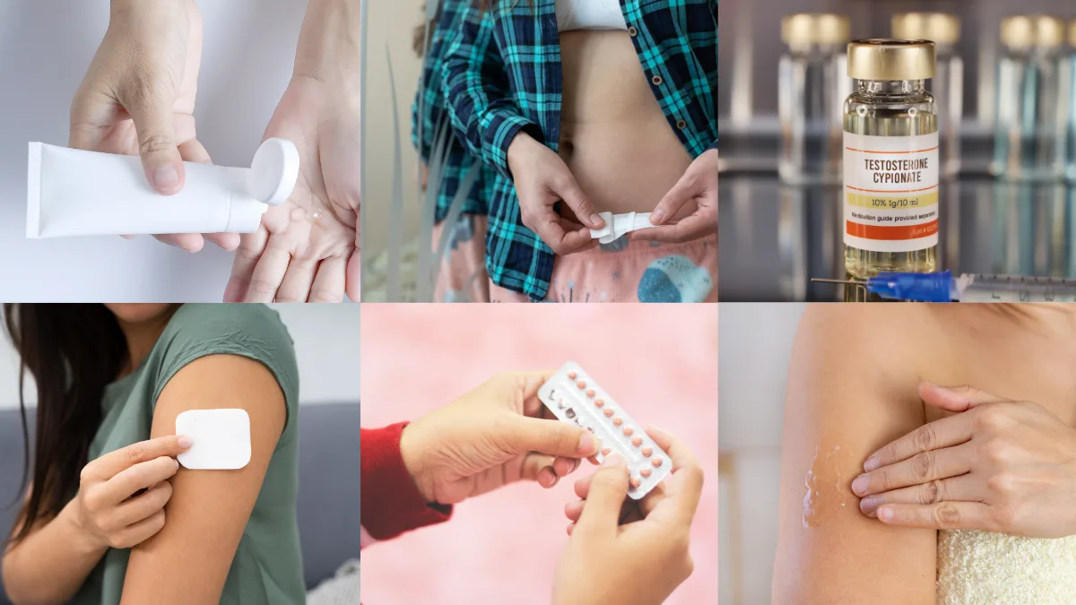 A grid showing different forms of HRT medications, including hormone gels, estrogen patches, oral pills, and a testosterone cypionate injection vial with a syringe.