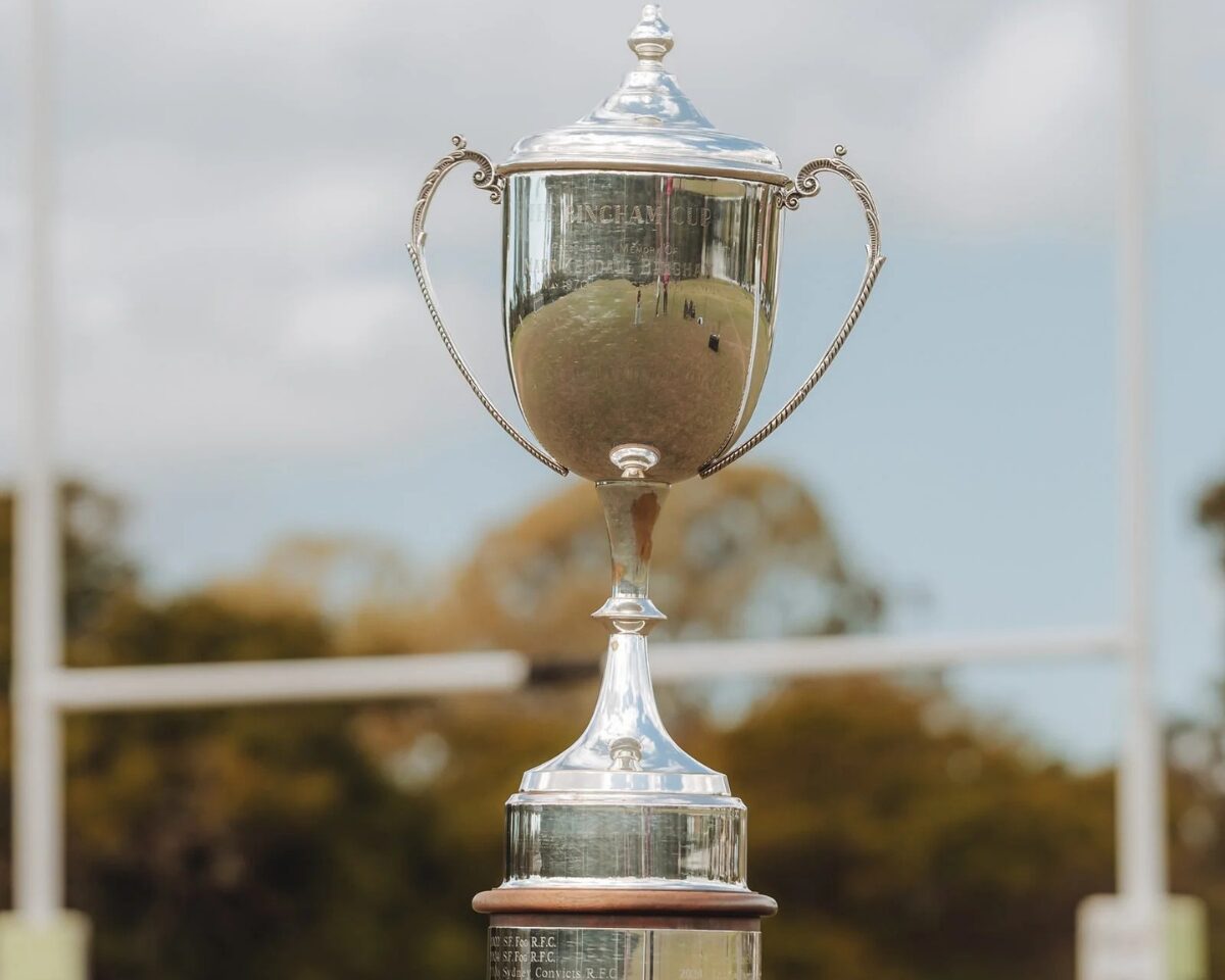 The Bingham Cup, a silver-colored trophy. In the background is a rugby goal post