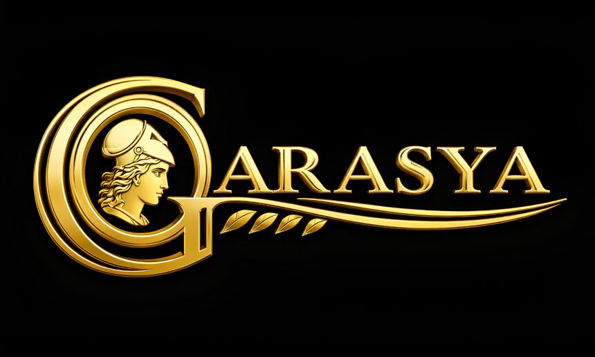 Garasya’s logo. A person with long flowing hair faces right in profile, with a Greco-Roman helmet perched on their head