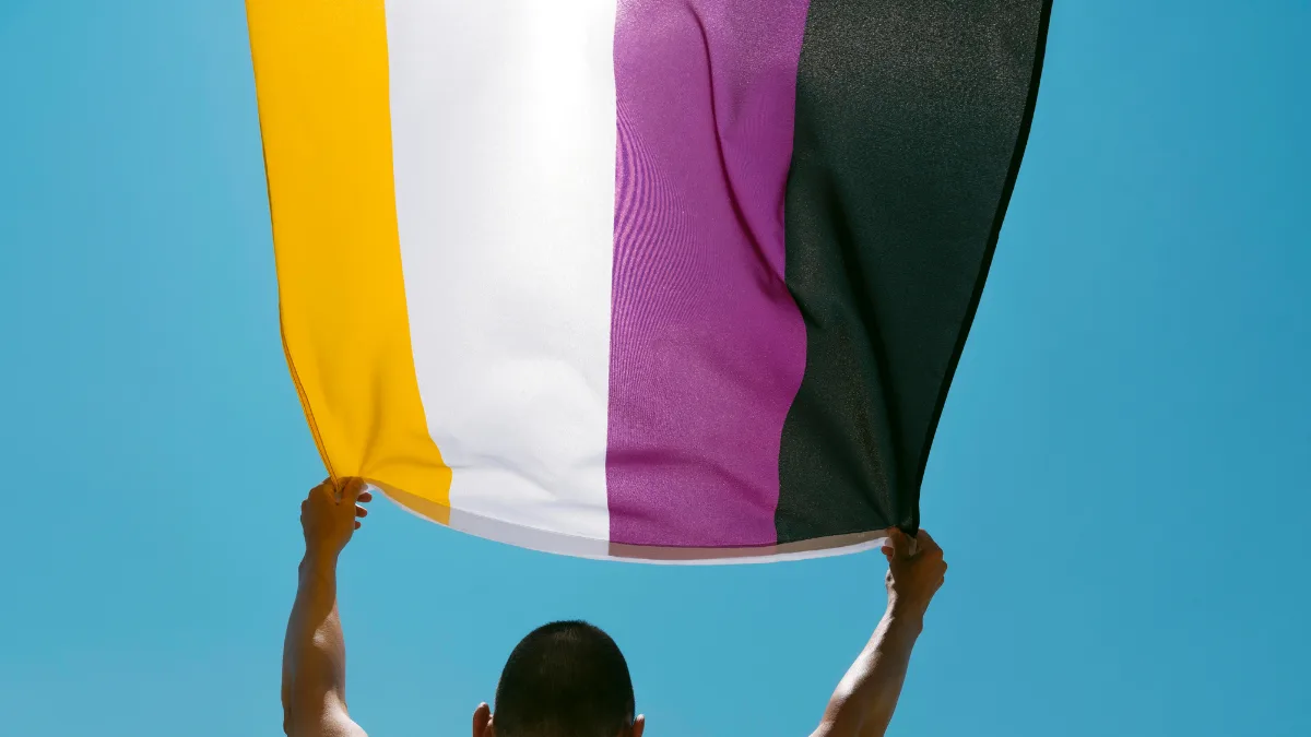 Osaka High Court Says Japan Should Recognize Non-Binary People in Family Registry 14 A non-binary person holding a non-binary flag in the air, shot from behind