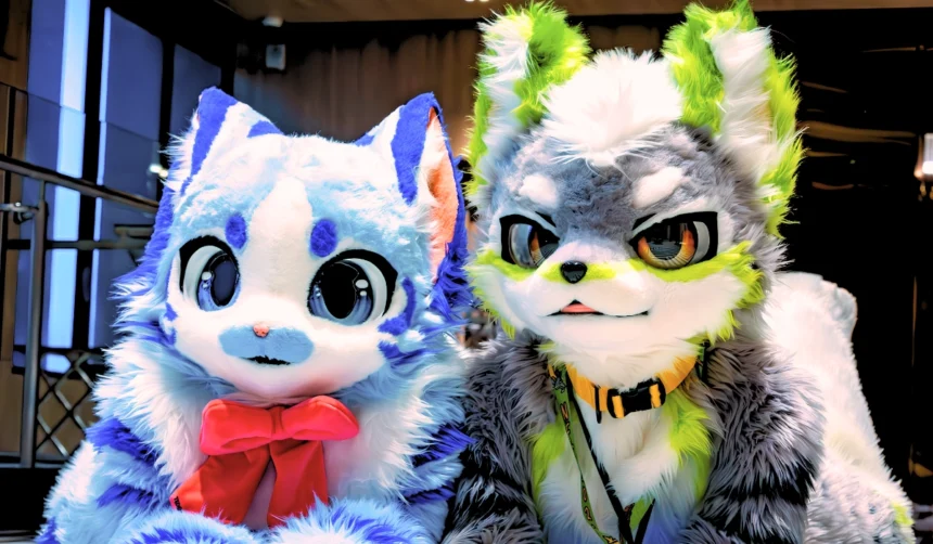 On the left, a kemono fursuit of a light blue and white canine wearing a large red bow. On the right, a gray, white, and lime green wolf-like fursuit with yellow eyes and a yellow collar, also in a kemono style.
