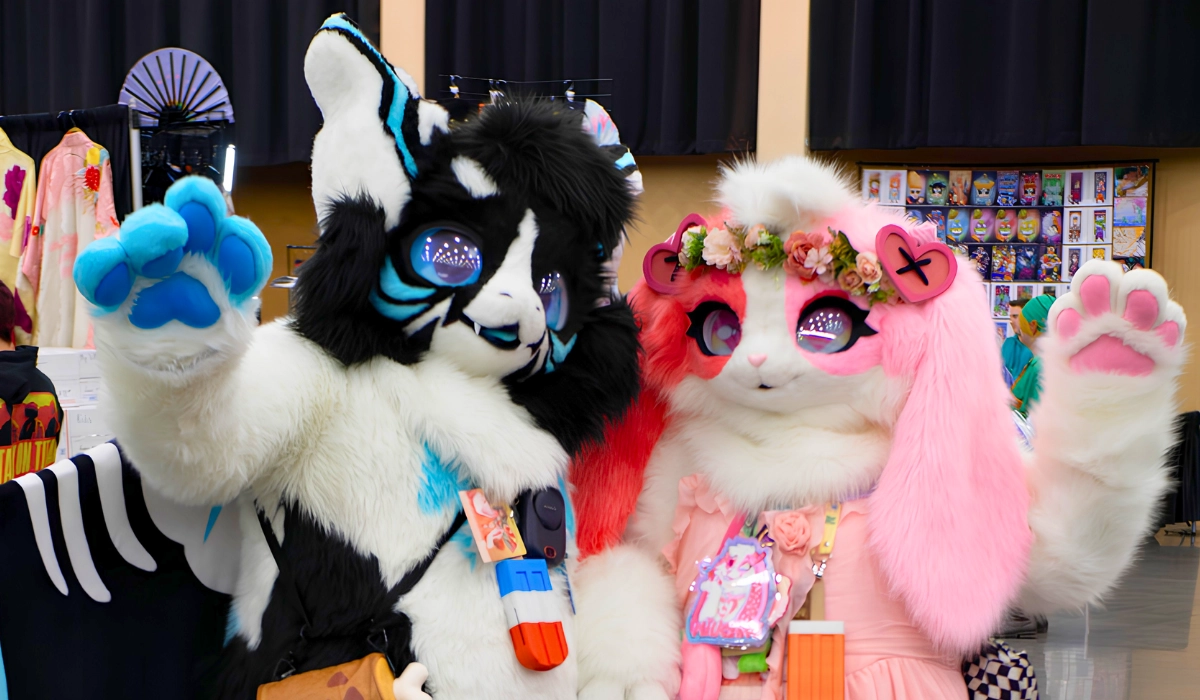 Two people in kemono-style fursuits. On the left is a black-and-white canine with raised white ears. On the right is a pink, white and orange bunny wearing a floroal headpiece