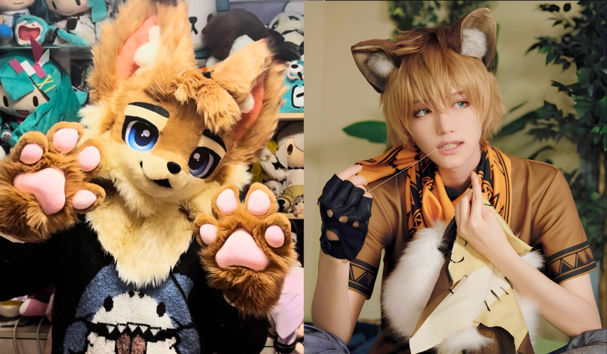 On the left, a fluffy tan and cream kemono fursuit with large blue eyes holding up two paws with pink paw pads. On the right, a kemonomimi cosplayer with blonde hair wearing matching furry animal ears, a brown patterned outfit, and a black fingerless glove.