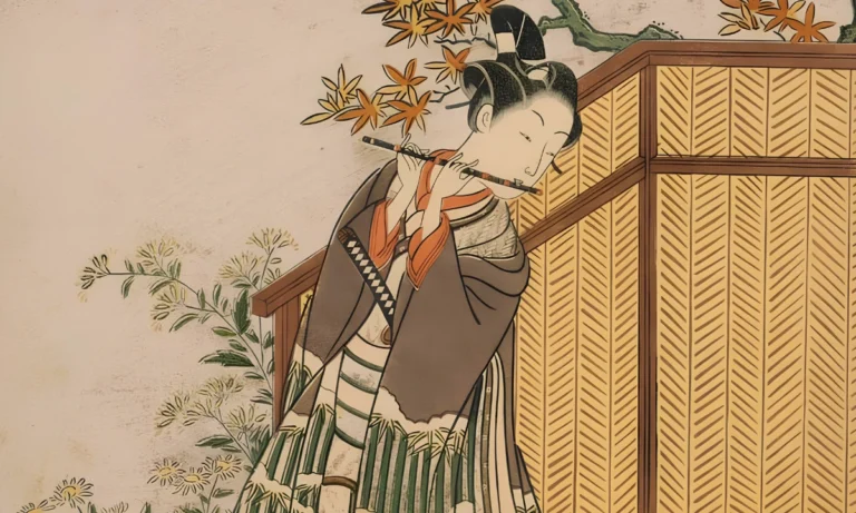 Wakashu depicted as playing a flute in front of a flowering tree, by Suzuki Harunobu