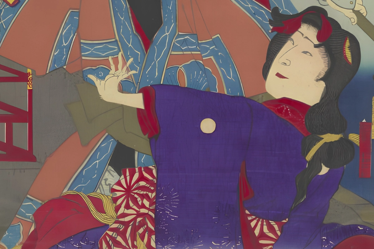 Actors in the roles of Ichijo no Ukon and Koiso in kabuki style performance during the Meiji period. Created by Toyohara Kunichika