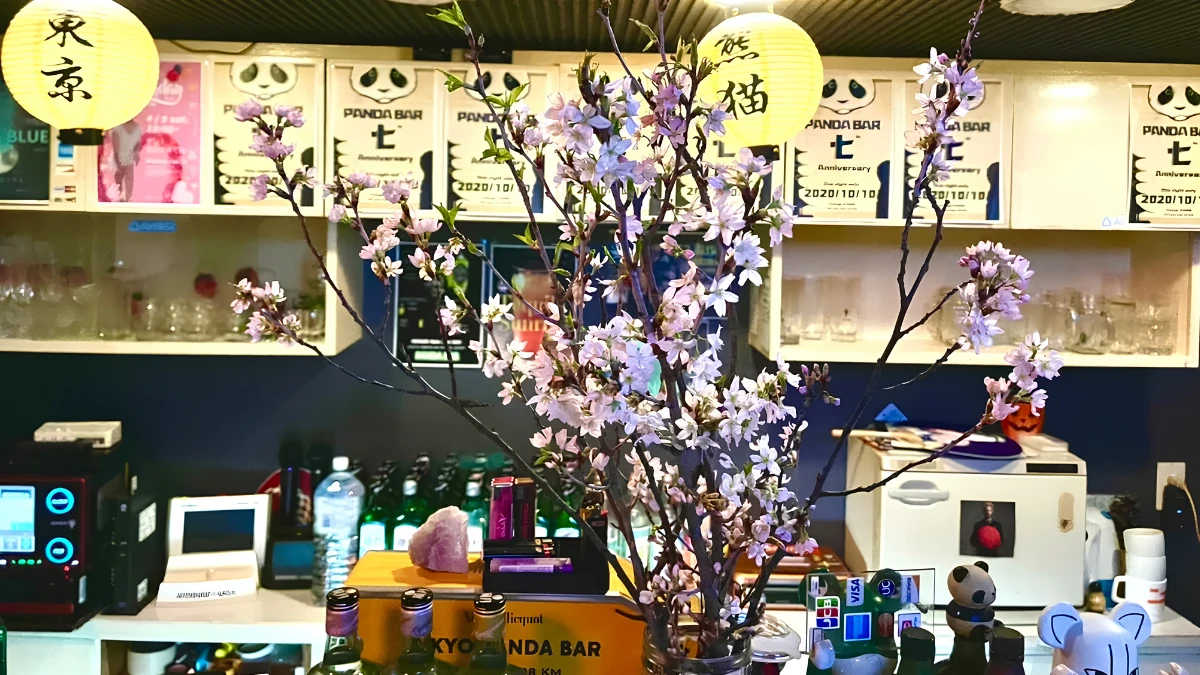 Bar area and flowers on display inside Panda Bar.