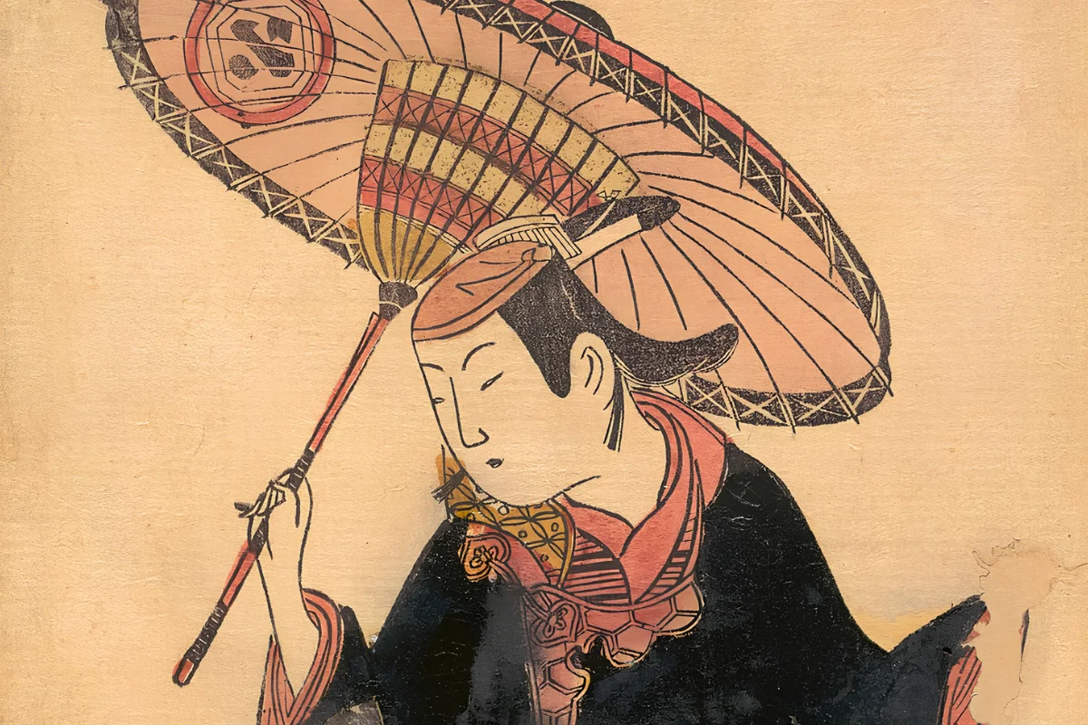 Actor Arashi Wakano is depcted as a wakashu in a kappa, holding an umbrella to shield from the sun. Created by Nishikawa Yoshinobu
