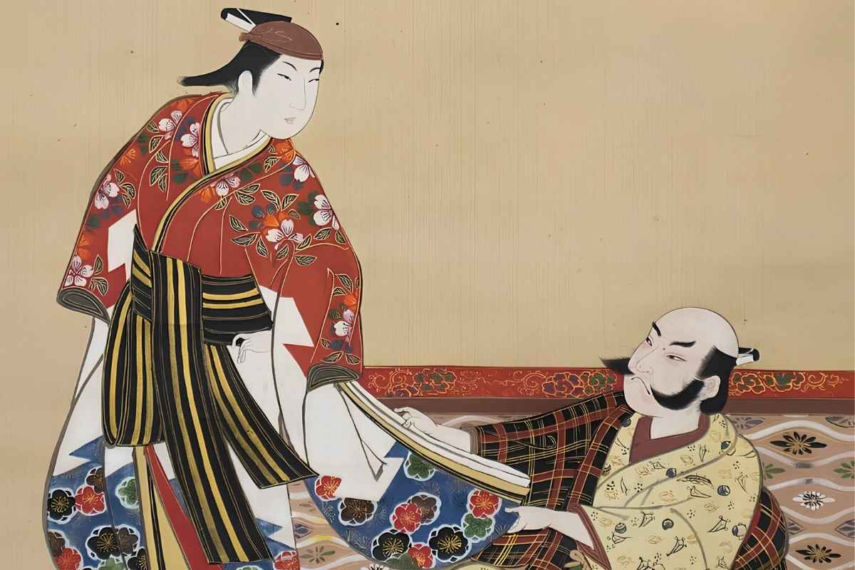 Samurai is seen holding on the clothes of a wakashu as they look at each other. Created by Miyagawa Issho