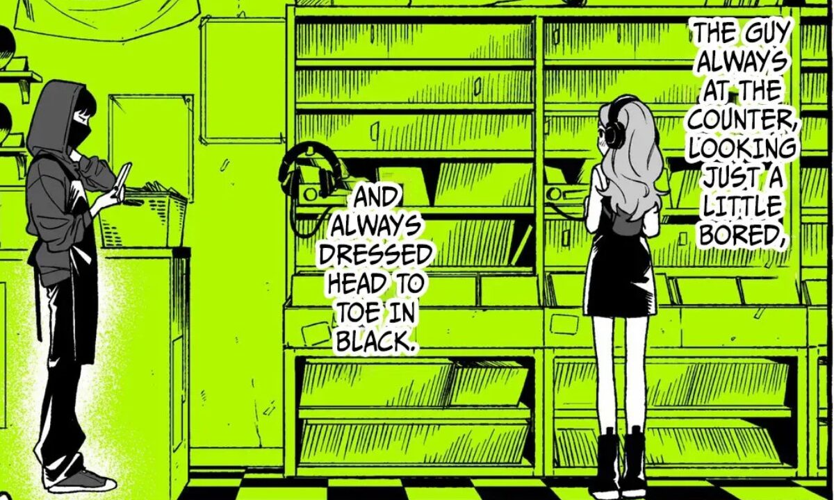 Mitsuki Koga, left, and Aya Osawa stand in a record shop. Everything but them is colored lime green