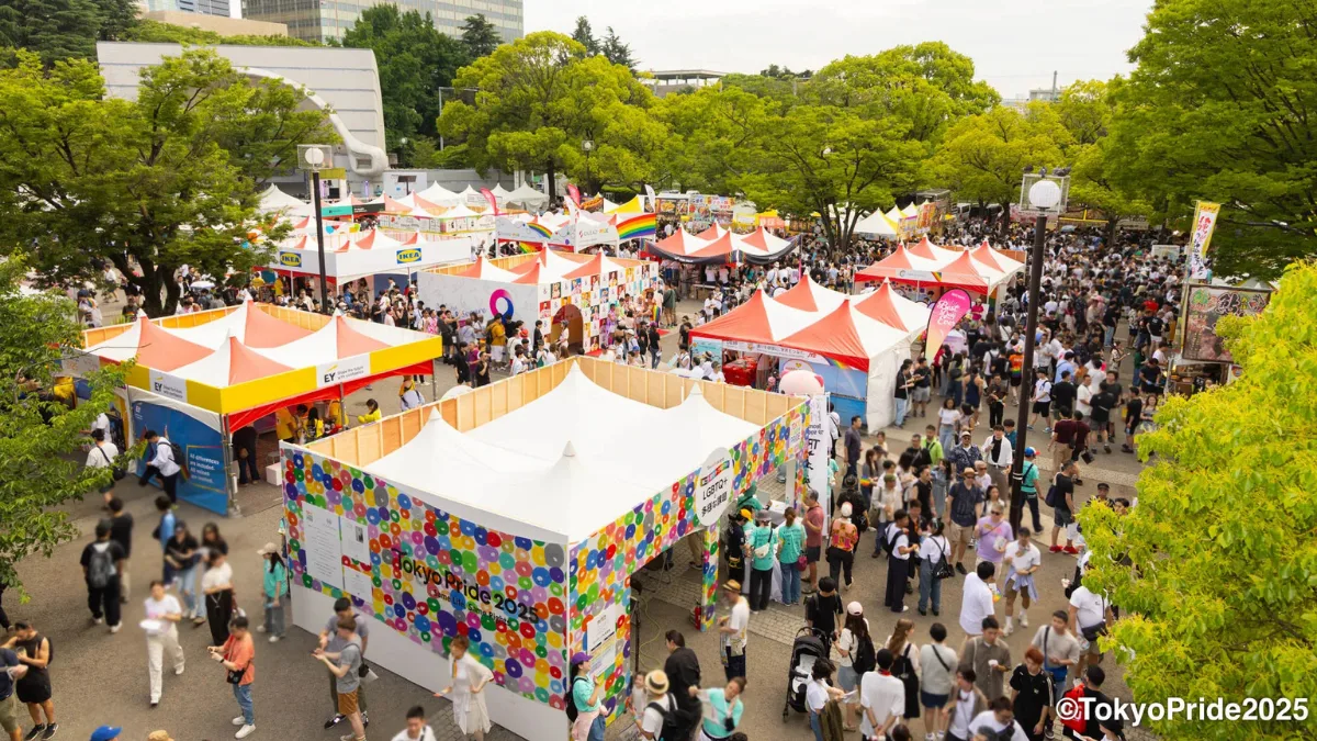 The History of Tokyo Pride: Protest, Party and Progress 16 Aerial view of multiple booths and crowds of attendees at the 2025 Tokyo Pride festival
