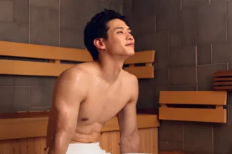 Shirtless man sitting on a wooden bench in a tiled sauna, smiling and looking upward with a white towel wrapped around his waist.