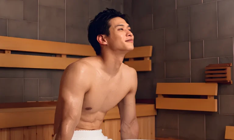 Shirtless man sitting on a wooden bench in a tiled sauna, smiling and looking upward with a white towel wrapped around his waist.