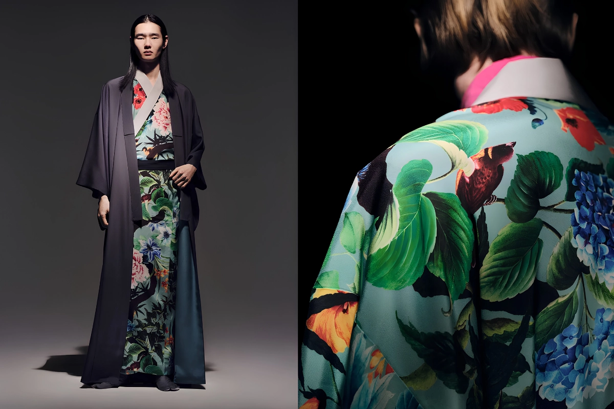 Fashion image showing a model in a dark haori over a brightly patterned floral kimono, alongside a close-up of the garment’s colorful botanical print.