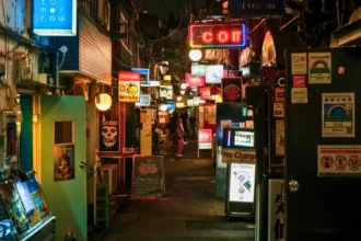 Nighttime view of a narrow Shinjuku Golden Gai alley lined with small bar entrances, illuminated signs, and posted notices.