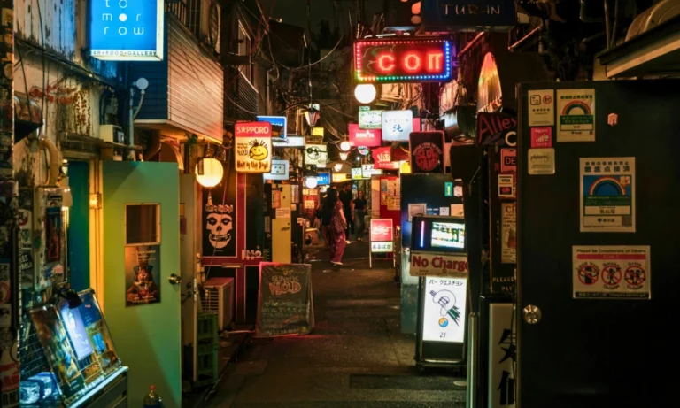 Nighttime view of a narrow Shinjuku Golden Gai alley lined with small bar entrances, illuminated signs, and posted notices.