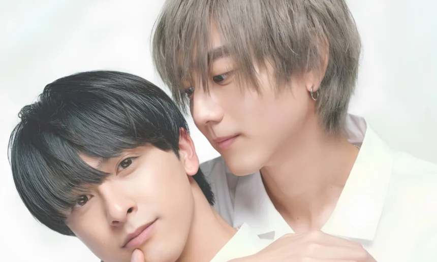 Two young Japanese men in white shirts pose closely together against a plain light background, with one resting behind the other.