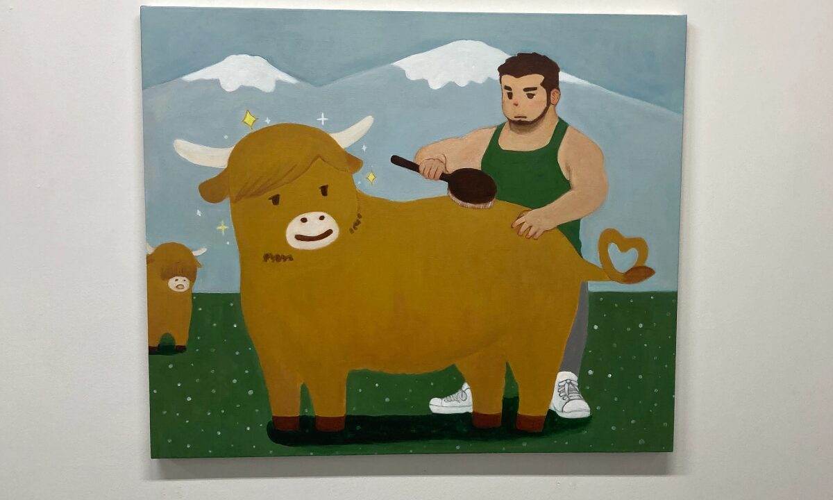 TORAJIRO’s “A Light That Never Goes Out”: Queer Masculinity, Vulnerability and Hope in Tokyo 12 A painting of a satisfied cow, in a field, being brushed by a burly man