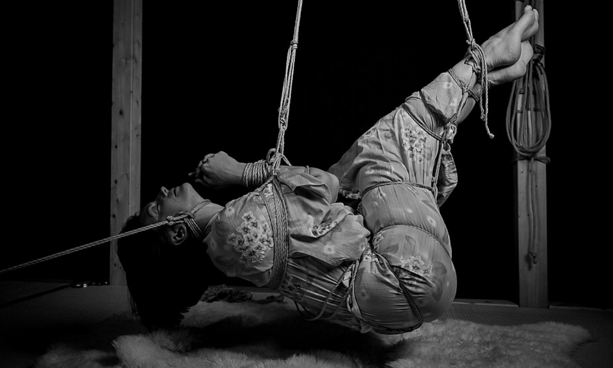 Face up shibari suspension, based on a torso harness and a legbinder.