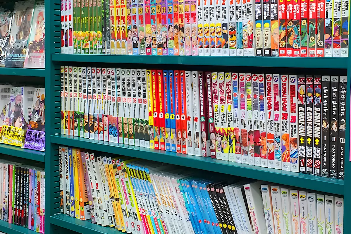 A bookstore in Japanese with the shelves full of colourful manga available for sale