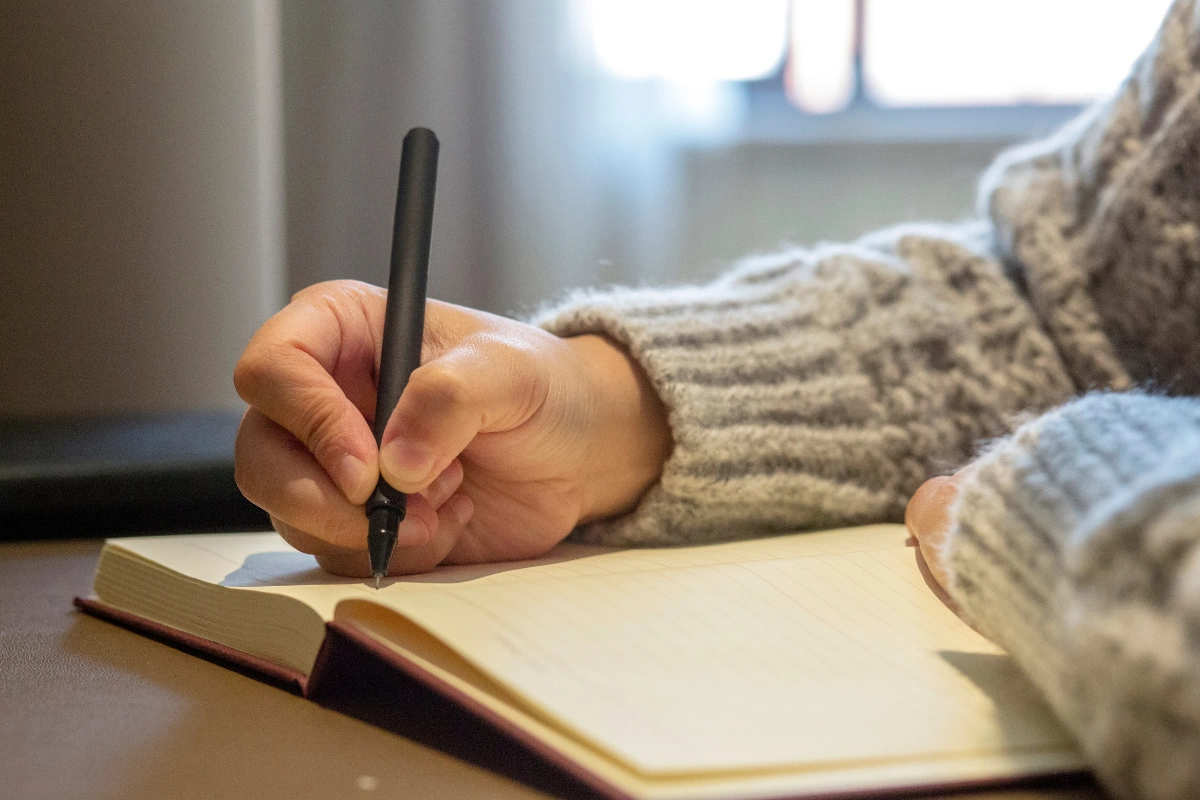 Person is writing into notepad, wearing fluffy knitted sweater