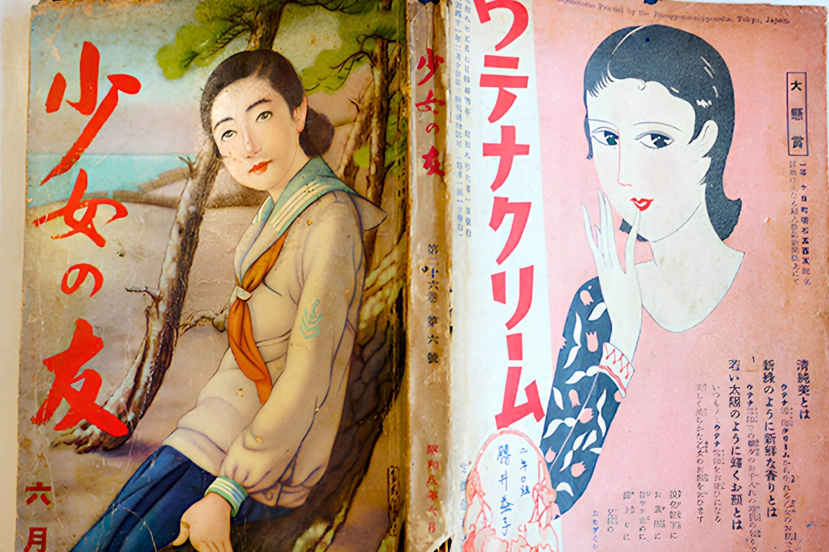 Vintage Japanese girls’ magazines featuring illustrated young women on the covers, including a schoolgirl in a sailor-style uniform.