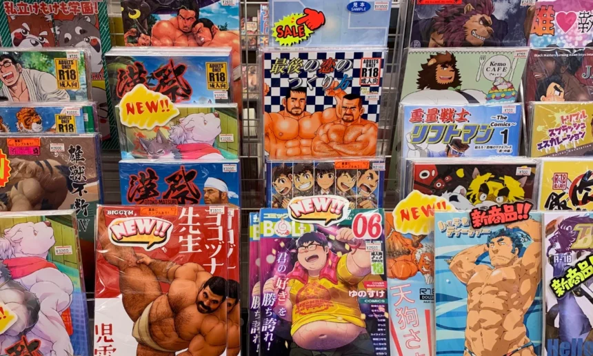Display of Japanese gay manga and adult comics in a specialist shop, with colorful illustrated covers featuring a range of male characters.