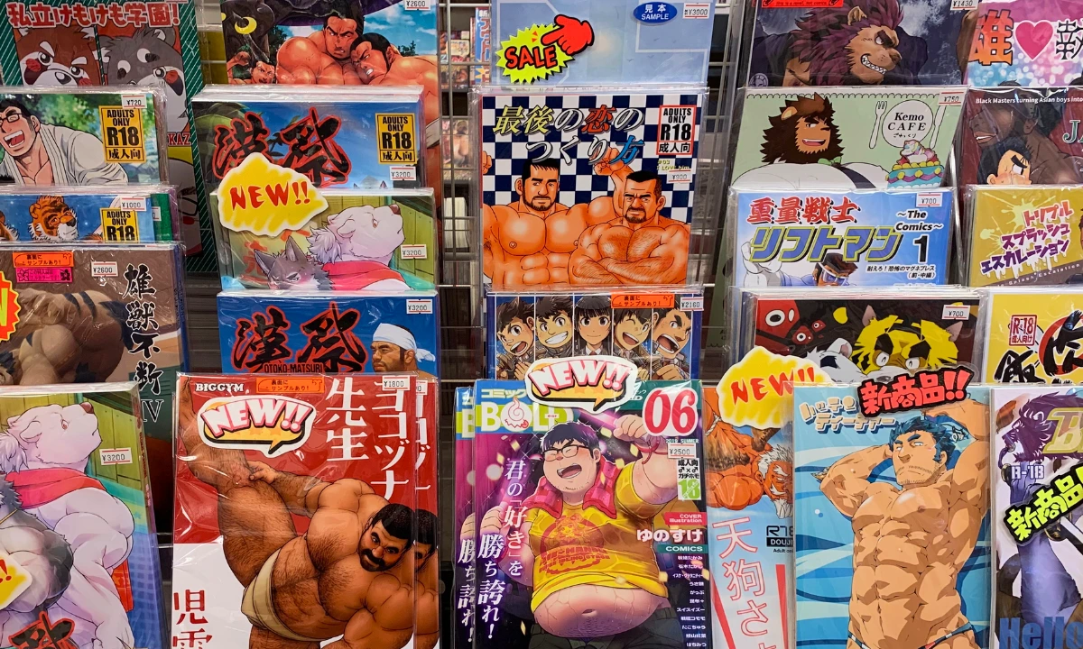 Display of Japanese gay manga and adult comics in a specialist shop, with colorful illustrated covers featuring a range of male characters.