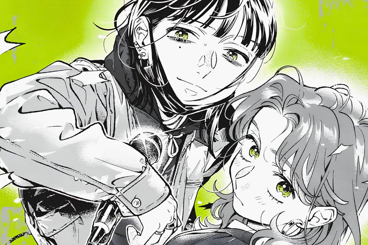 Manga-style illustration of two young women lying closely together against a vivid lime-green background, drawn mostly in black, white and gray with green-highlighted eyes.