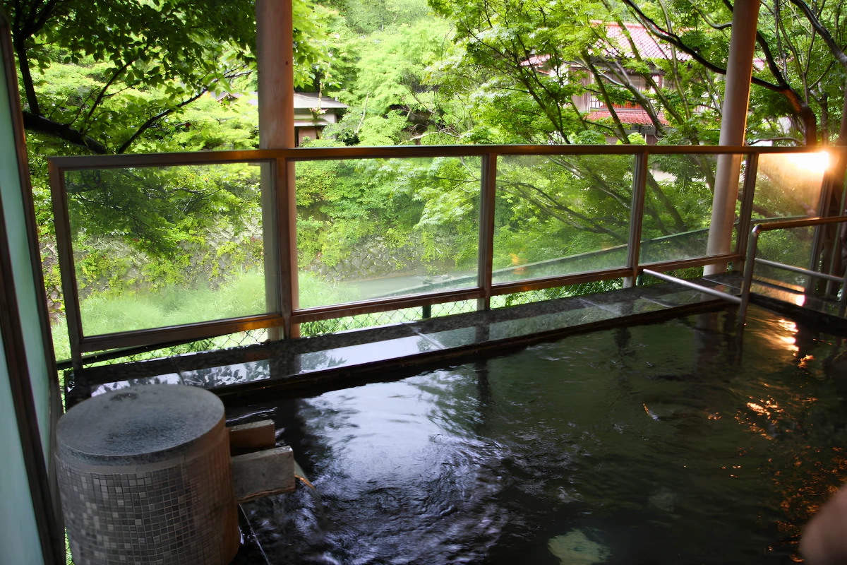 Gay-Friendly Ryokan in Japan: Evidence-Backed Stays for LGBTQ+ Travelers 14 Indoor hot-spring bath at a ryokan overlooking dense green trees through large windows.