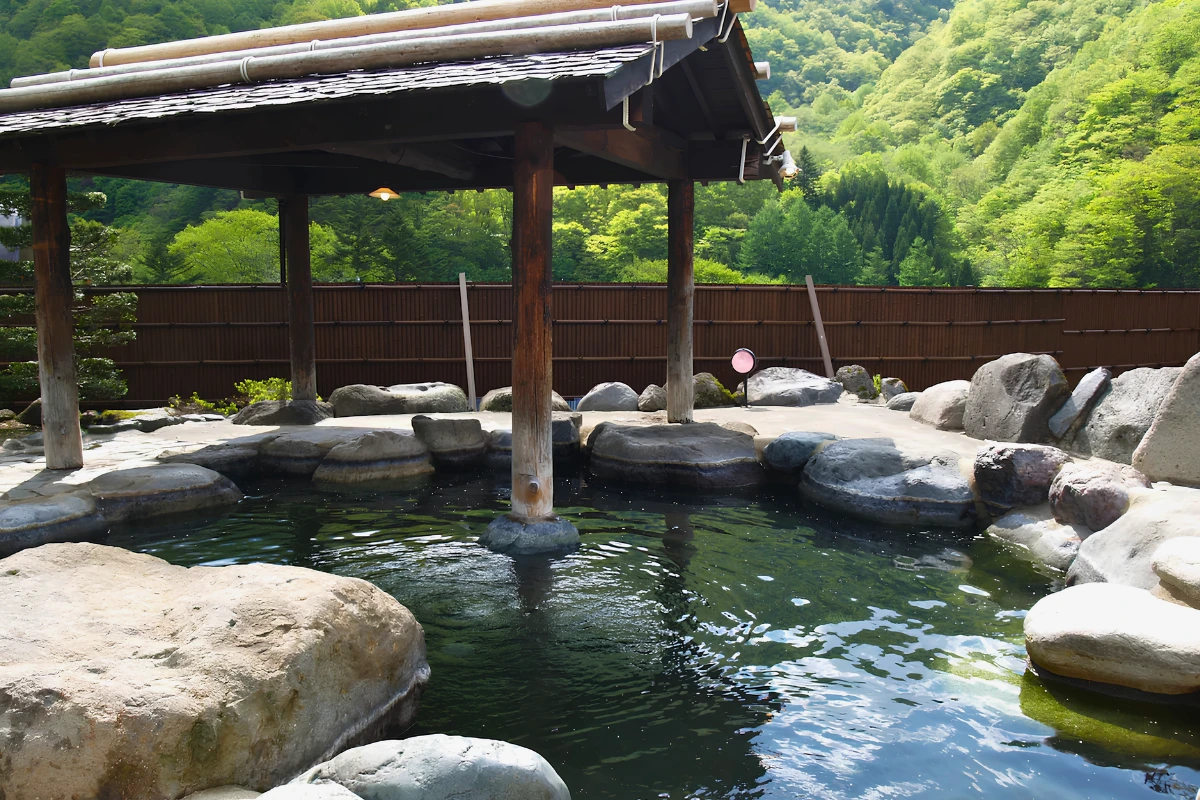 Gay-Friendly Ryokan in Japan: Evidence-Backed Stays for LGBTQ+ Travelers 15 Open-air ryokan hot-spring bath surrounded by rocks with forested mountains in the background.