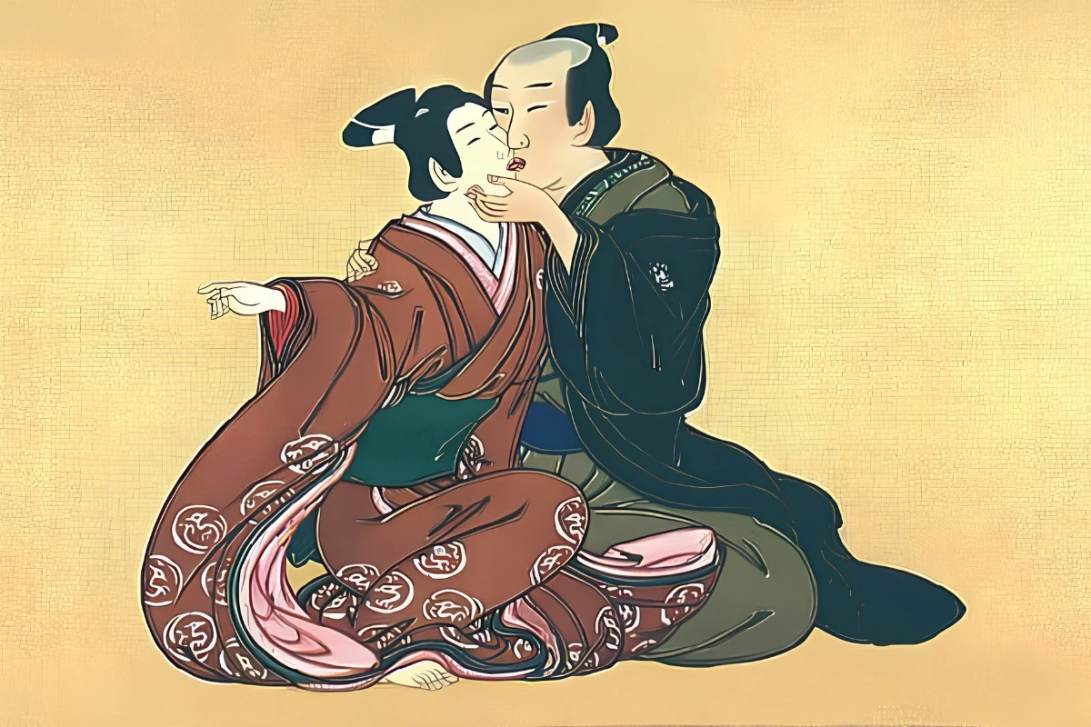 Wakashu is seen embracing and kissing man. Created by Miyagawa Issho around 1750.