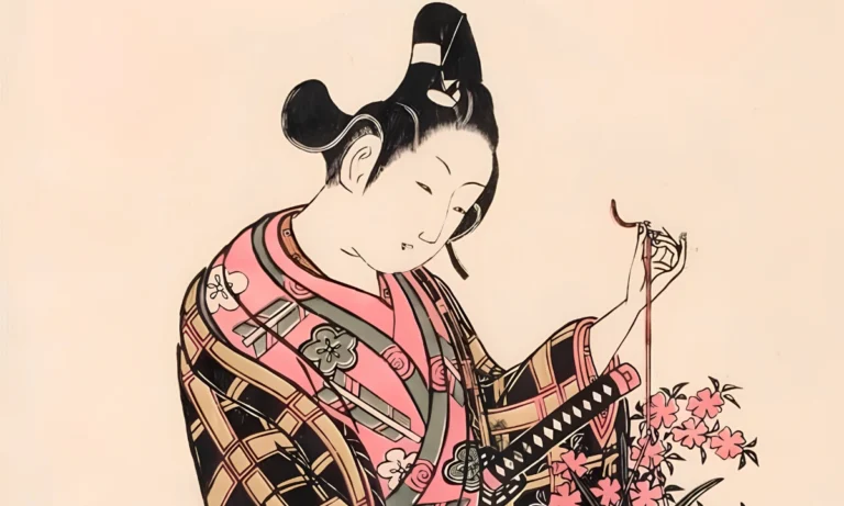 Wakashu from Edo-period is displayed with a flower cart. Designed by Ishikawa Toyonobu.