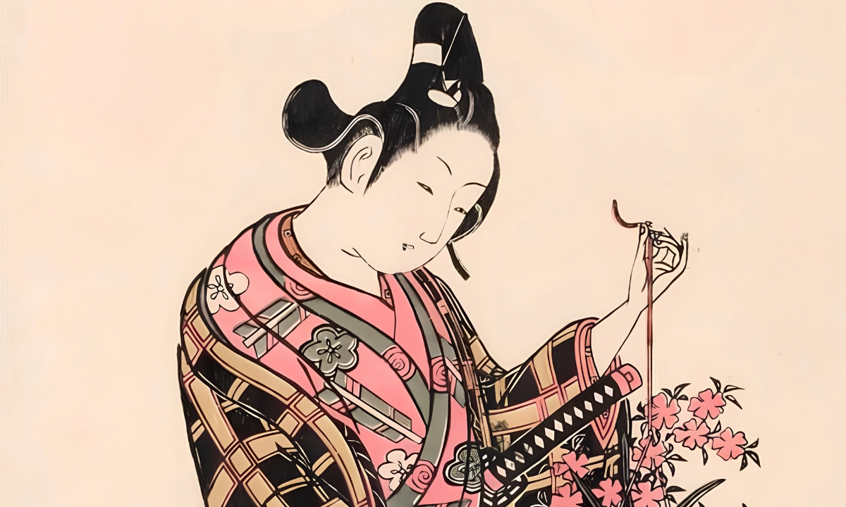 Wakashu from Edo-period is displayed with a flower cart. Designed by Ishikawa Toyonobu.